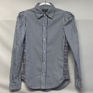 Greyson The Hero Blue White Striped Smocked Side Button Down Shirt XS